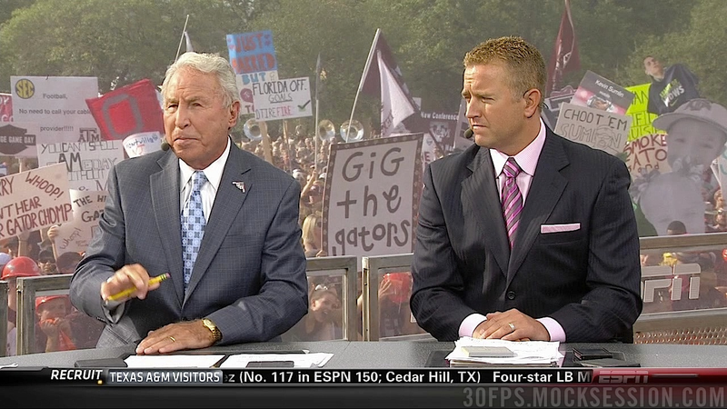 Illustration for article titled "Muschamp Takes Bubble Baths": Your Roundup Of The Best Signs Behind The College Gameday Crew